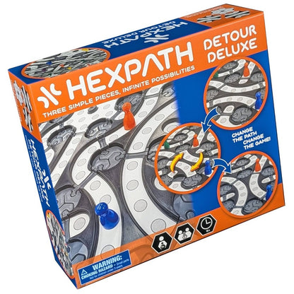 Hexpath Detour Deluxe board game box showing the modular maze, interlocking tiles, and orange and blue pawns