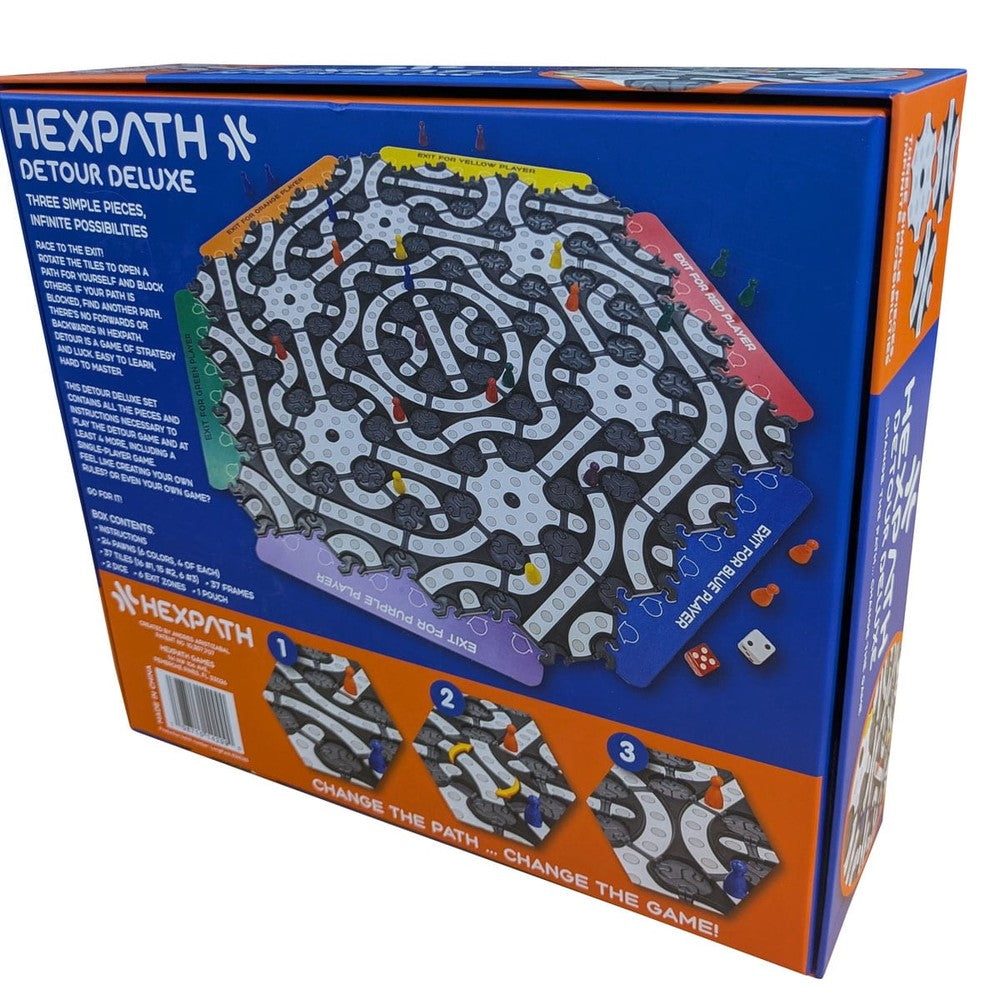 Retail box for Hexpath Detour Deluxe board game, featuring the hexagonal, maze-like modular board