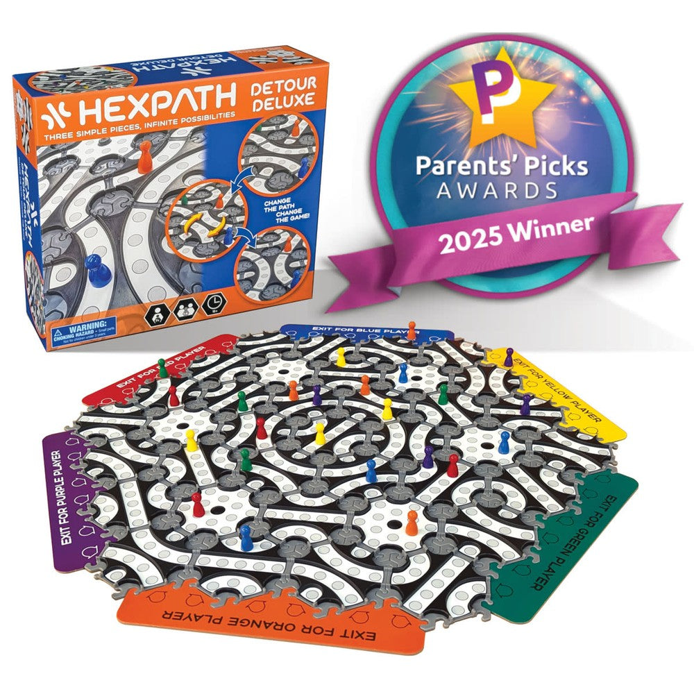 Hexpath Detour Deluxe game box and hexagonal board with colored pegs. Parents' Picks 2025 Winner