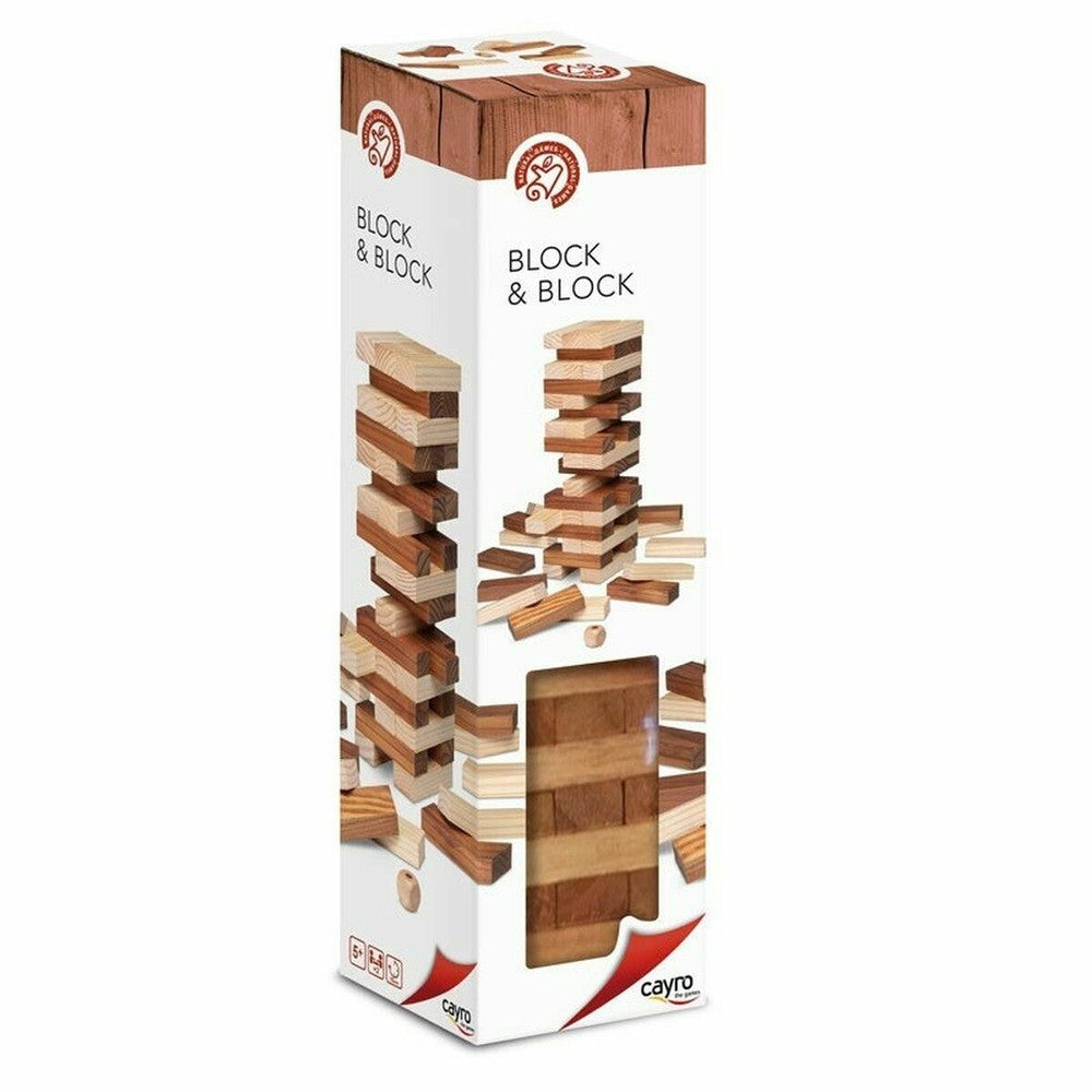 Boxed "BLOCK & BLOCK" wooden stacking game, similar to Jenga, featuring two-tone blocks