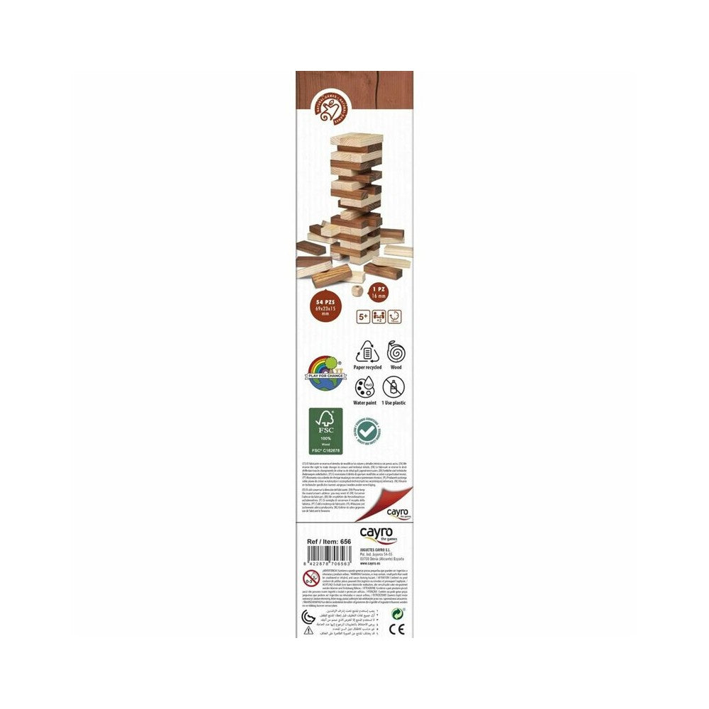 Packaging displaying a tall, two-toned wooden block tower for a stacking balance game