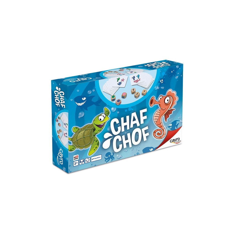 CHAF CHOF board game box, featuring a cartoon turtle, seahorse, and game components on a blue background