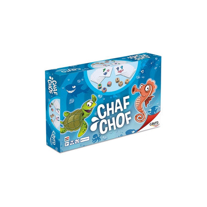 CHAF CHOF board game box, featuring a cartoon turtle, seahorse, and game components on a blue background