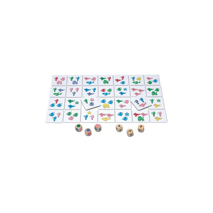 Children's memory game tiles featuring colorful sea creatures and several wooden dice