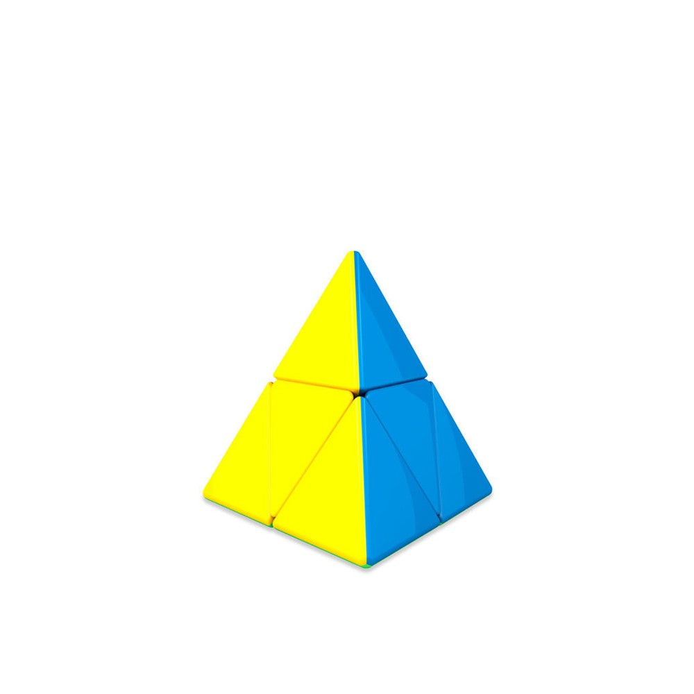 Yellow and blue Pyraminx puzzle on white background