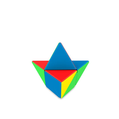 Colorful puzzle toy made of interconnected triangular blocks, resembling a star shape