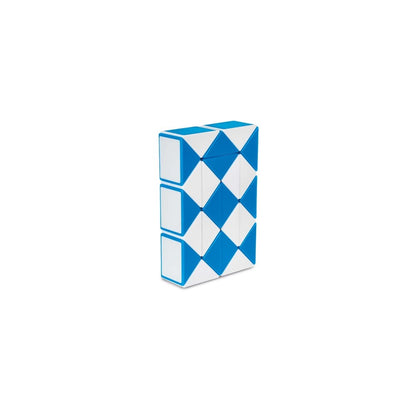 Blue and white segmented puzzle (Rubik's Snake) folded into a compact rectangular block