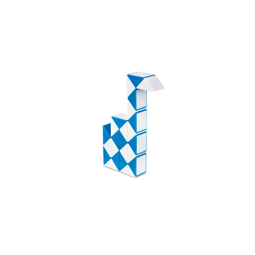 Blue and white Rubik's Snake puzzle shaped like a crane's neck and head