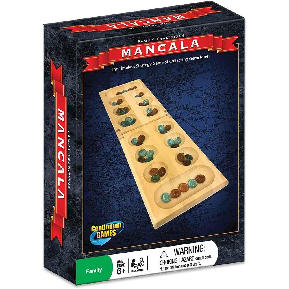Mancala strategy game box featuring the wooden board and colored glass playing pieces