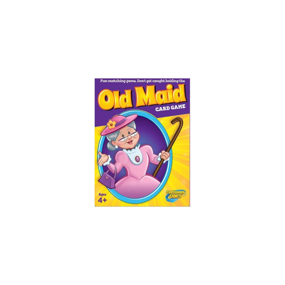 Continuum Games Old Maid Card Game box art featuring a cartoon grandmother figure in pink holding a cane, designated for ages four and up