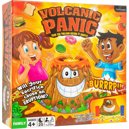 Colorful Volcanic Panic board game box featuring two happy children feeding snacks to a large smiling cartoon volcano that talks and ejects food pieces
