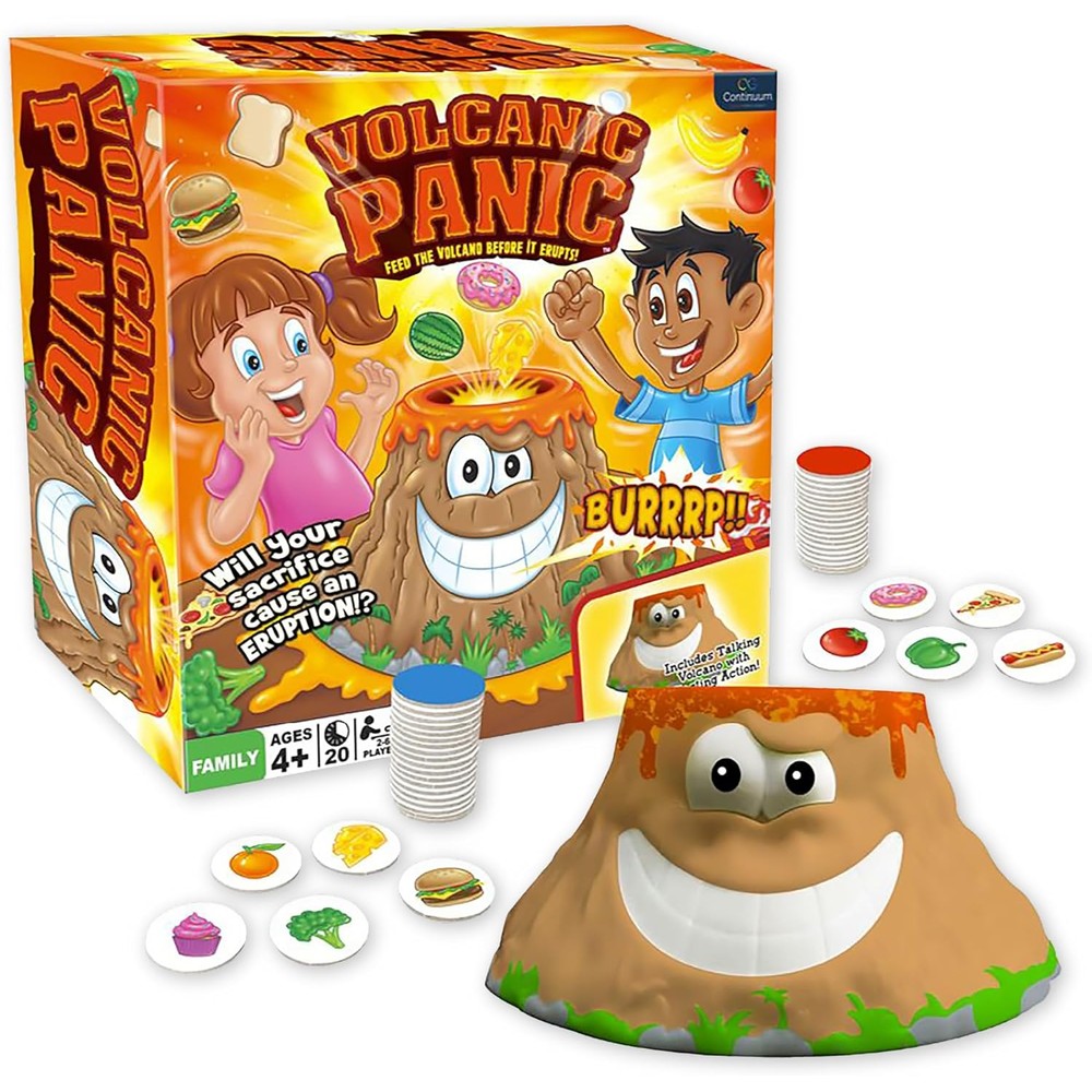 The Volcanic Panic game box is shown with the central smiling volcano game piece and scattered food tokens used to trigger the silly talking volcano eruption action