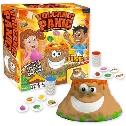 The Volcanic Panic game box is shown with the central smiling volcano game piece and scattered food tokens used to trigger the silly talking volcano eruption action