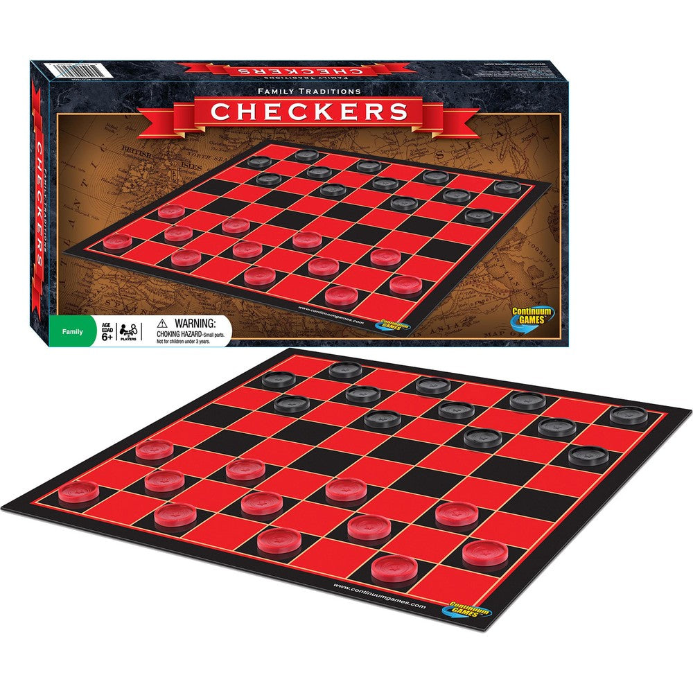 Family Traditions Checkers box and game board featuring a red and black grid with translucent red and black playing disks laid out