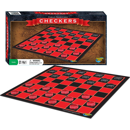 Family Traditions Checkers box and game board featuring a red and black grid with translucent red and black playing disks laid out