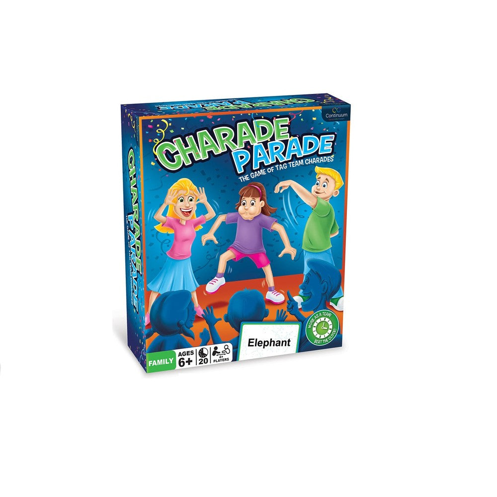 Charade Parade board game box features illustrated actors and identifies the Tag Team Charades game for ages 6+ and 2+ players