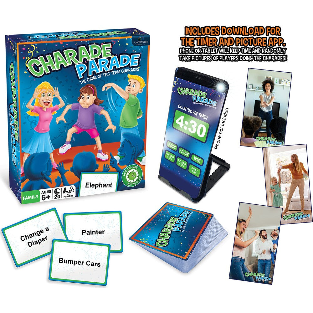 The Charade Parade game box is shown with the deck of cards, sample challenge cards like Bumper Cars, a phone displaying the app timer, and example photos of players