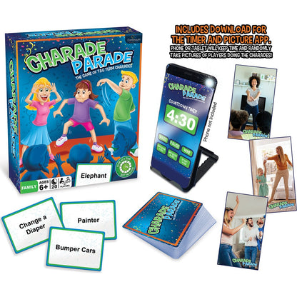 The Charade Parade game box is shown with the deck of cards, sample challenge cards like Bumper Cars, a phone displaying the app timer, and example photos of players