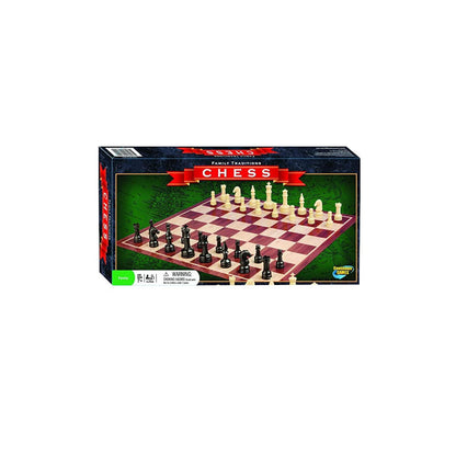 Dark blue box displaying the Family Traditions Chess board game with black and ivory pieces set up for play
