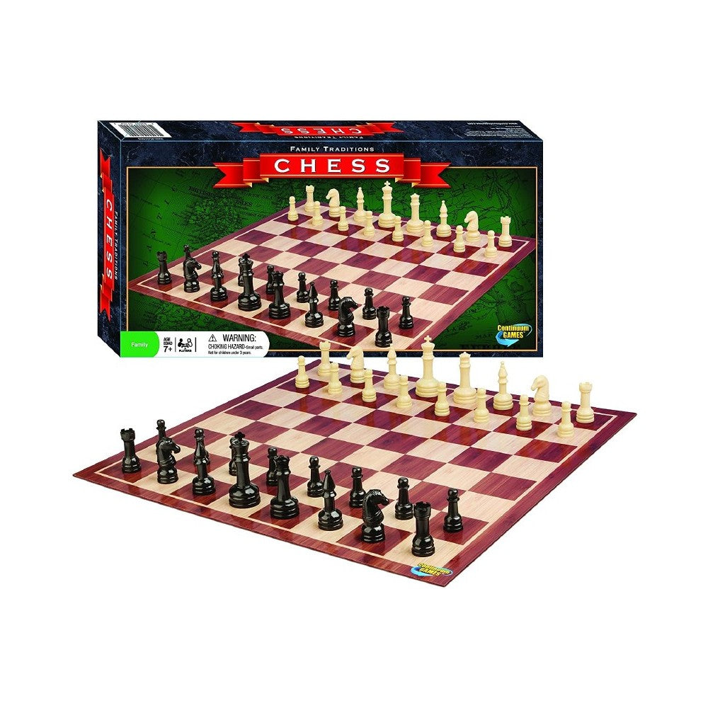 Family Traditions Chess set displayed with the full board and pieces positioned in front of the dark blue product box