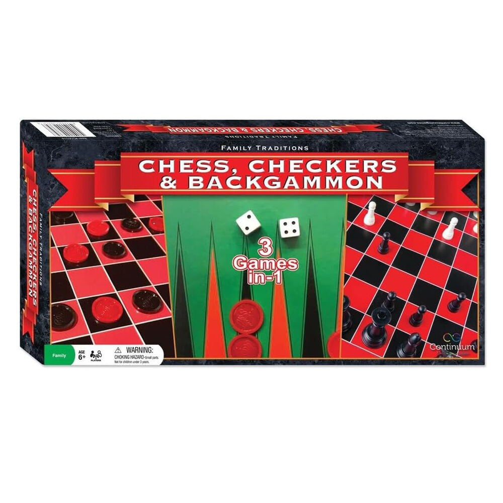 The packaging for the Family Traditions 3 Games in 1 set shows sections of the red and black chess and checkers boards plus the green backgammon layout