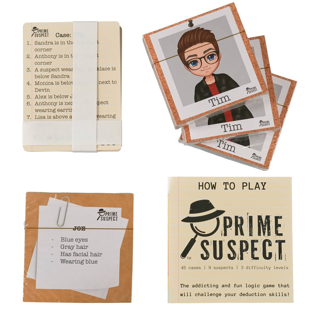 Four piles of Prime Suspect deduction game components, showing the How to Play guide, numbered case clues, character profile cards, and suspect photos