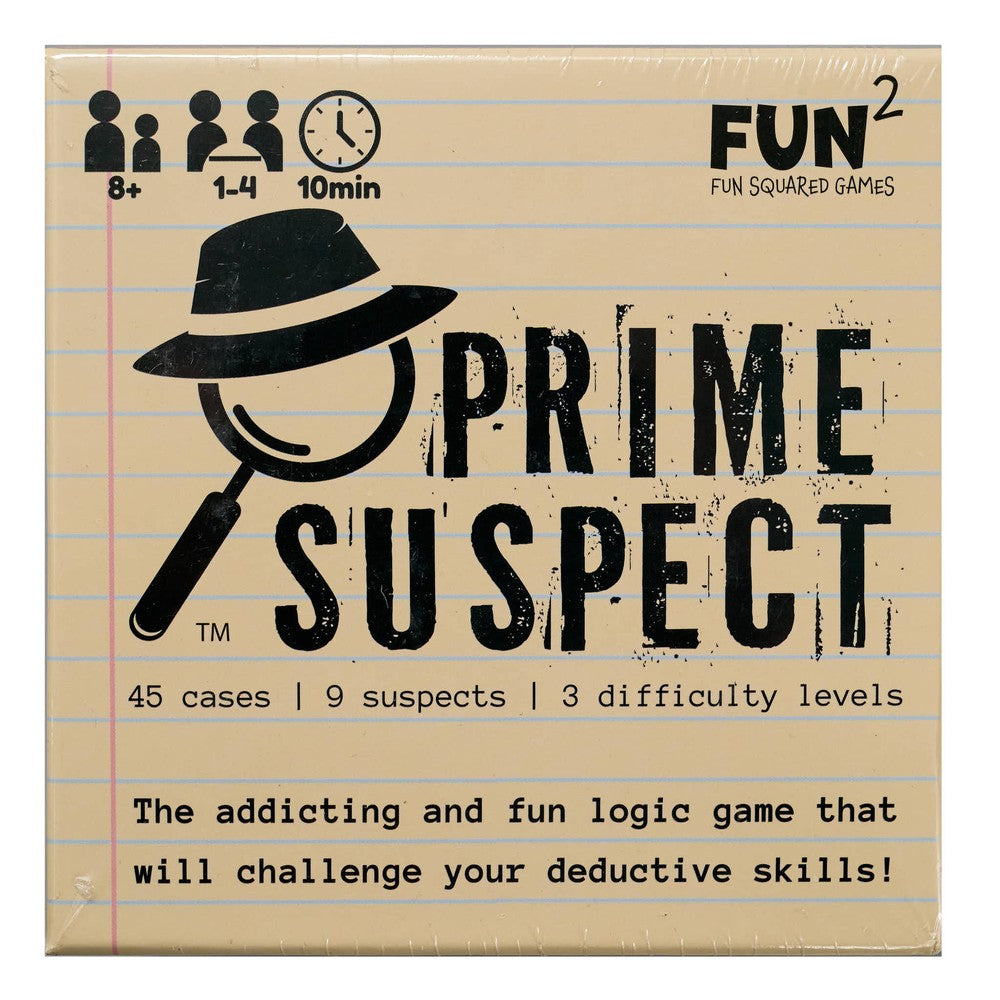 The Prime Suspect logic game box displays a detective hat and magnifying glass over distressed text on lined notebook paper, suitable for 1-4 players
