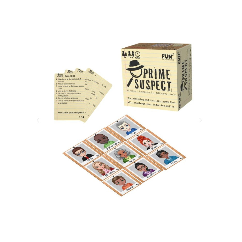 Prime Suspect deduction game featuring the labeled box, multiple clue cards, and a grid showing the nine suspects including Tim, Joe, and Alex