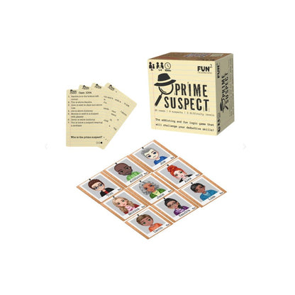 Prime Suspect deduction game featuring the labeled box, multiple clue cards, and a grid showing the nine suspects including Tim, Joe, and Alex