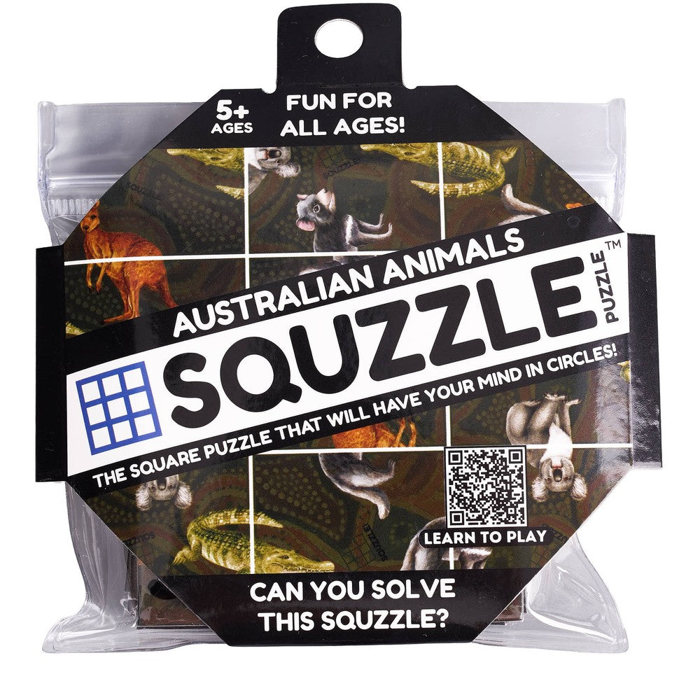 Retail packaging for the Fun Squared Squzzle 9-piece Australian Animals puzzle showing kangaroos and koalas on a black octagonal label sealed in clear plastic