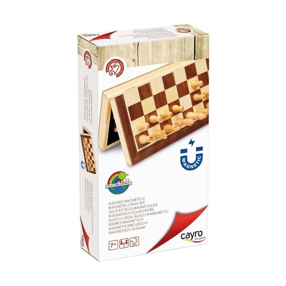 The packaging for the Cayro magnetic folding wood chess set displaying the open board with light and dark pieces inside