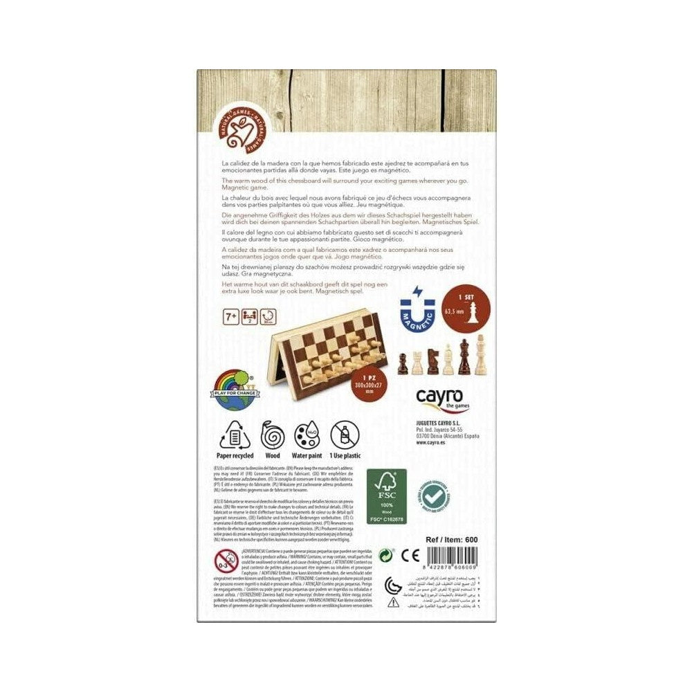 Back of the Cayro magnetic folding wood chess packaging shows the board open and lists 300 by 300 by 27 millimeter board size