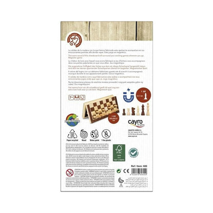 Back of the Cayro magnetic folding wood chess packaging shows the board open and lists 300 by 300 by 27 millimeter board size