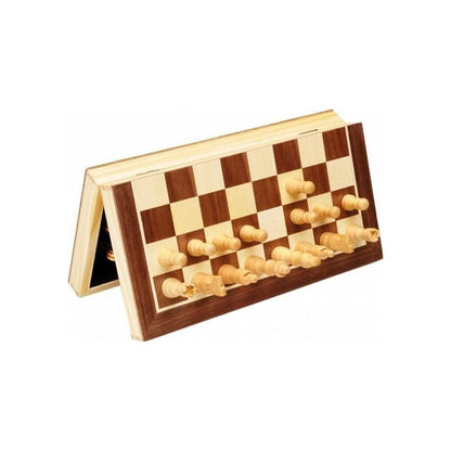 The 12-inch Cayro folding wood magnetic chess set is shown propped open, displaying the light and dark wooden playing surface with several light-colored pieces lying flat