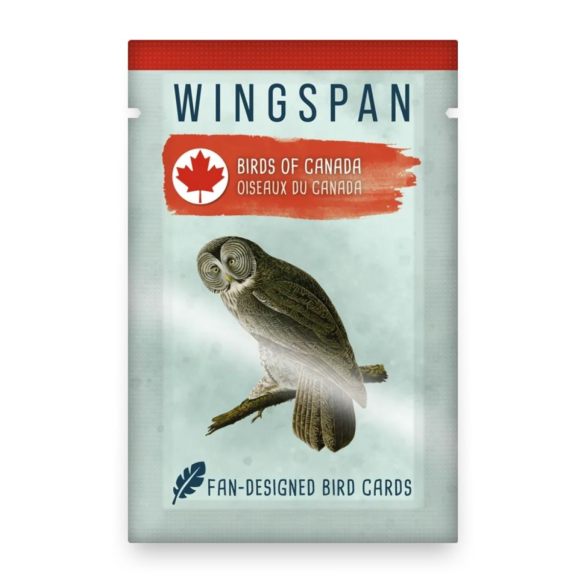 Wingspan "Birds of Canada" fan card pack wrapper featuring a detailed illustration of a large gray owl on a branch