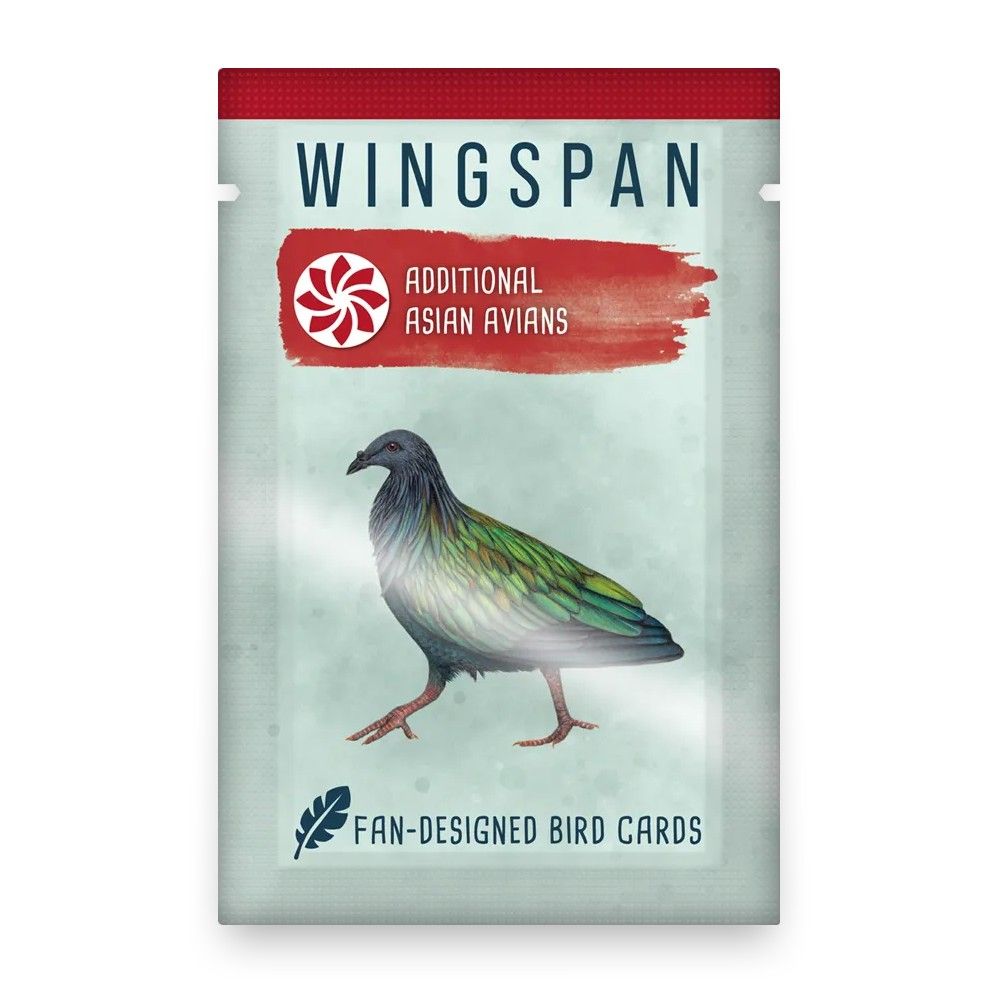 Wingspan card pack: Additional Asian Avians. Shows a colorful illustration of an iridescent green and grey bird walking