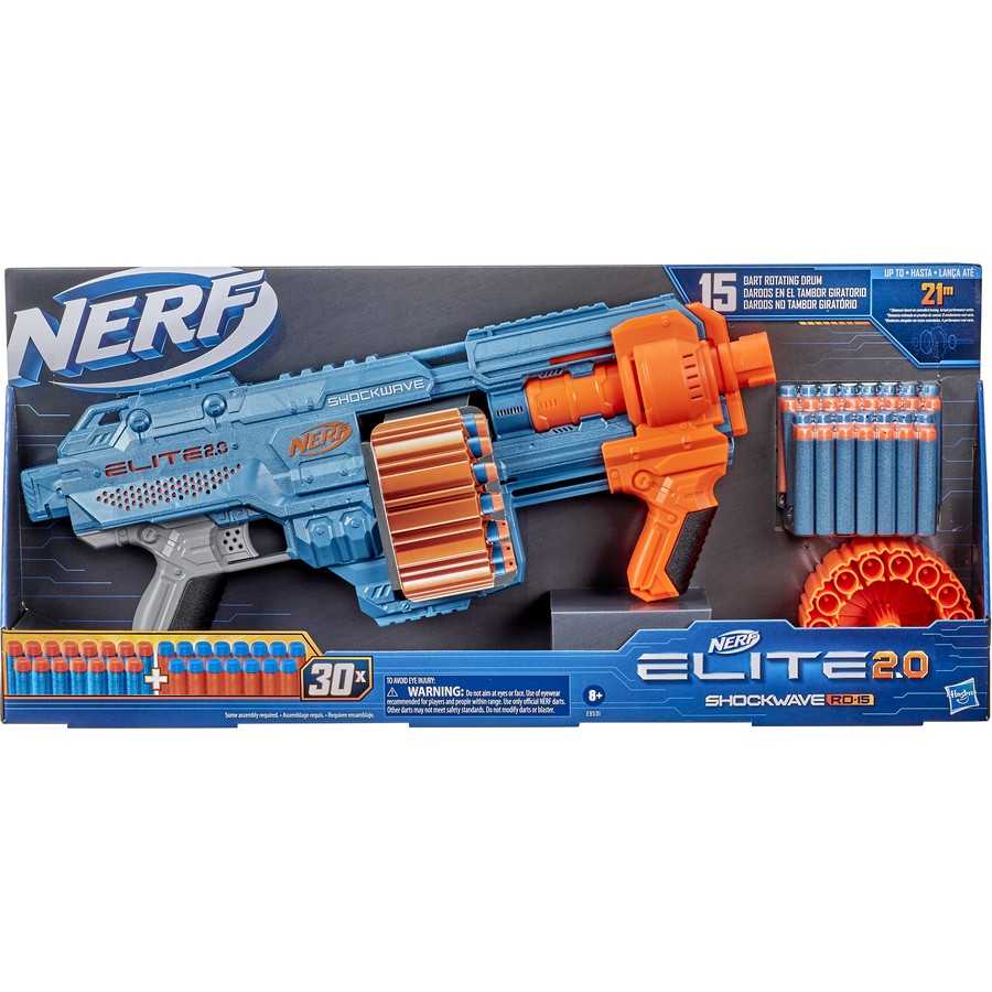 Nerf Elite 2.0 Shockwave RD-15 blaster, blue and orange, with 30 darts and a rotating drum, in its package.