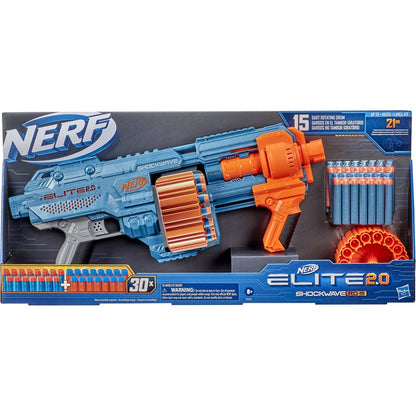 Nerf Elite 2.0 Shockwave RD-15 blaster, blue and orange, with 30 darts and a rotating drum, in its package.
