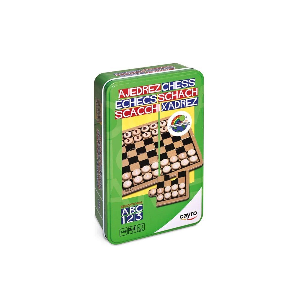 Cayro educational wooden chess set shown in its distinctive green metal tin packaging with multilingual text