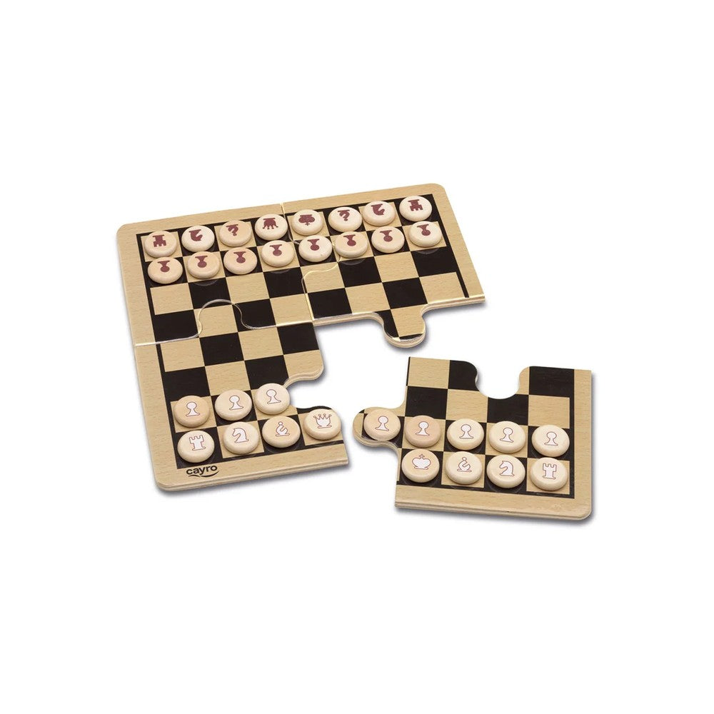 A portable Cayro wooden chess game featuring a two-piece interlocking puzzle board and circular light wood tokens marked with brown chess symbols