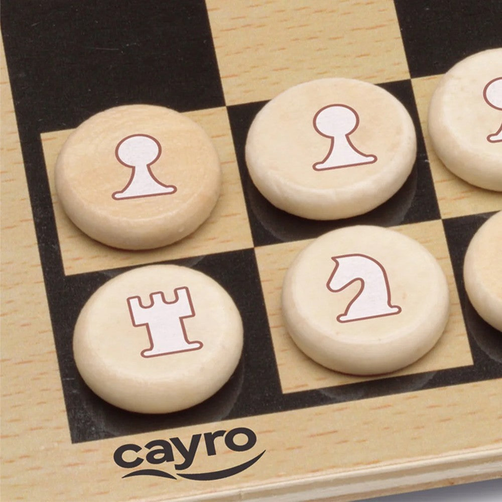 Light wood circular chess tokens, including the Pawn Rook and Knight, resting on a black and wood checkered board displaying the Cayro logo