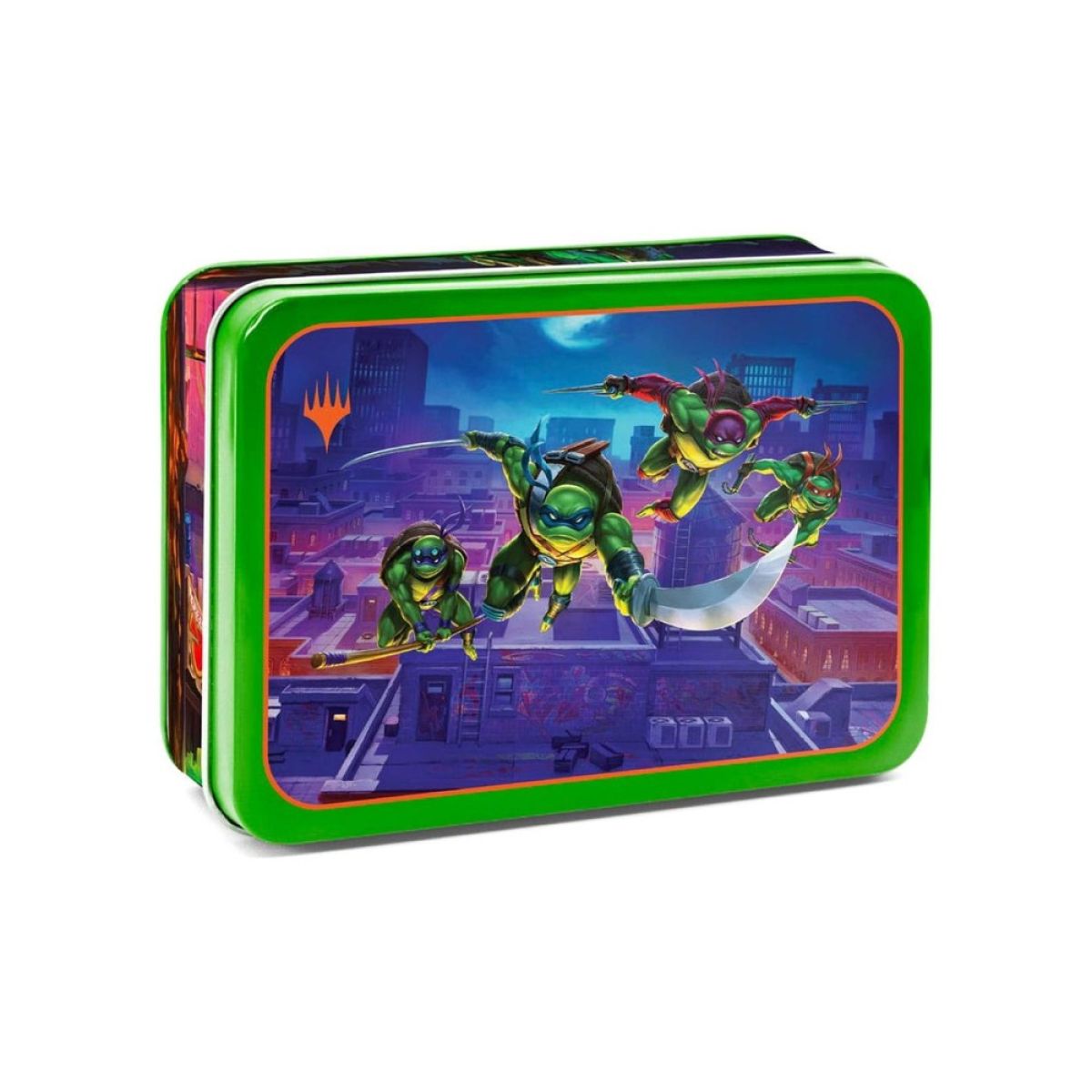 Green TMNT storage tin depicting the four Ninja Turtles leaping across city rooftops at night