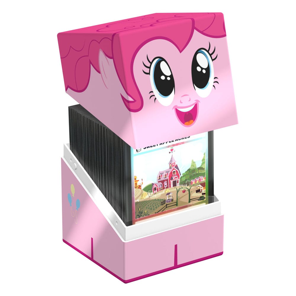 A pink My Little Pony Pinkie Pie themed card box with its lid open, revealing a stack of cards inside, one showing a red barn farm scene