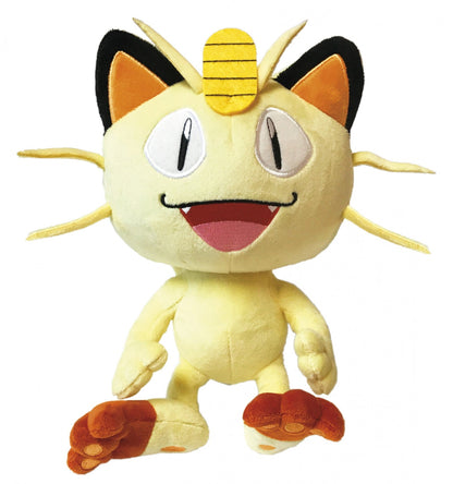 Yellow Meowth PokÃ©mon plush toy standing, featuring large embroidered eyes, open mouth smile, and a golden coin detail on its forehead