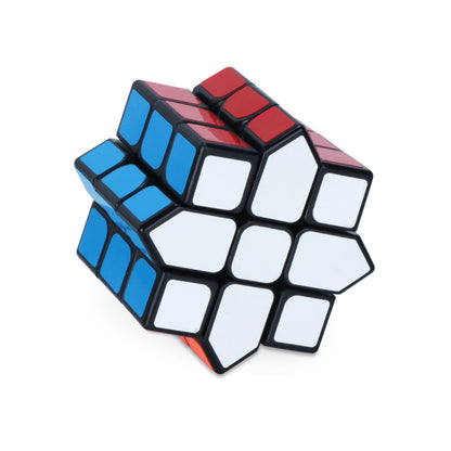 Scrambled shape mod puzzle cube variation with white, blue, and red stickers on a black body