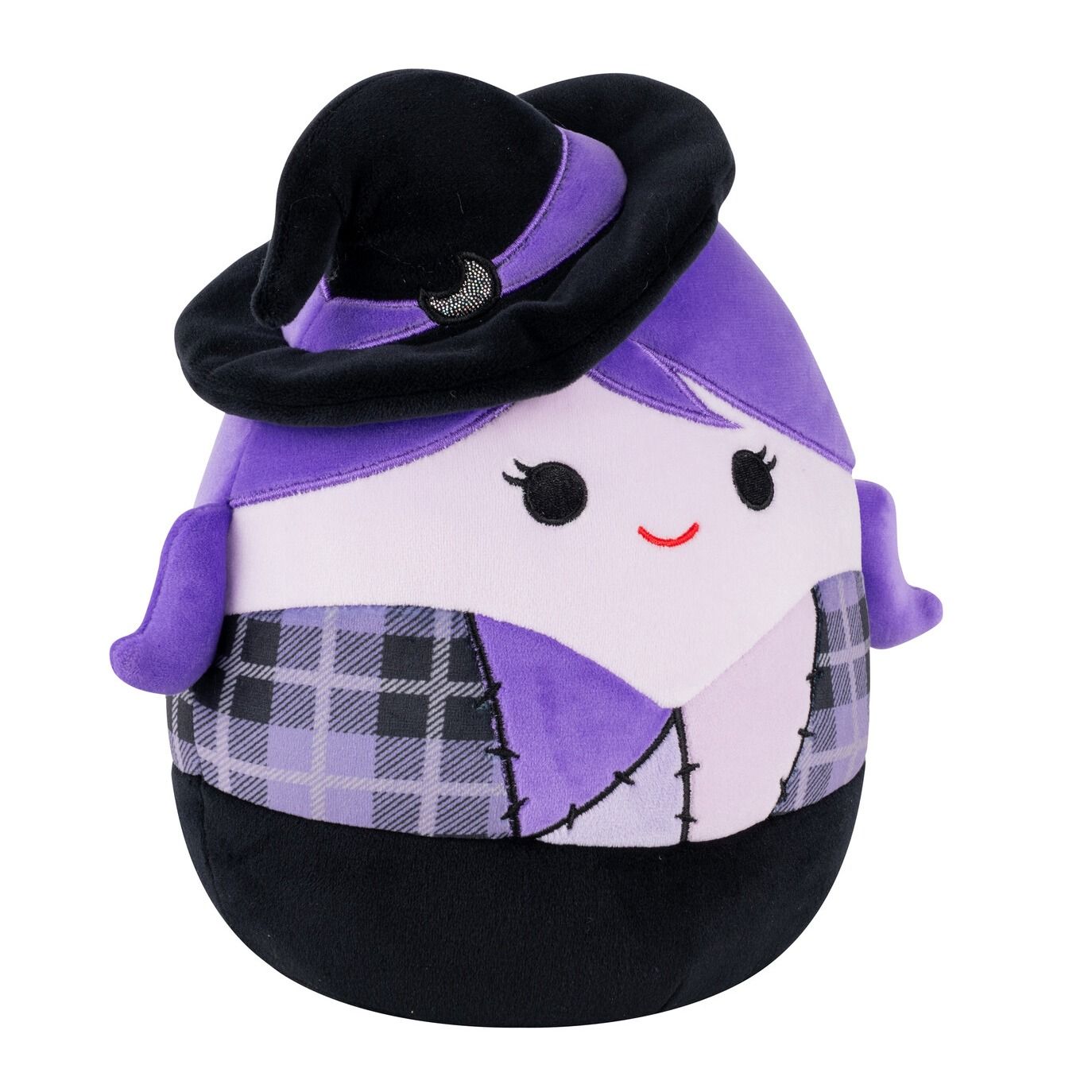 A purple and black plush witch toy with a hat adorned with a crescent moon, featuring a patchwork body and a smiling face
