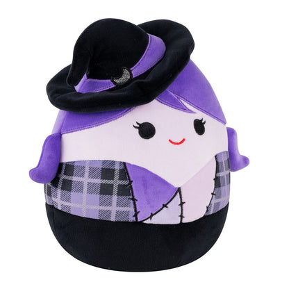 A purple and black plush witch toy with a hat adorned with a crescent moon, featuring a patchwork body and a smiling face