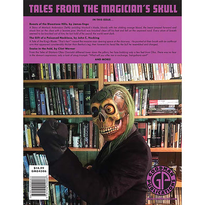 Skull mask in bookshelf setting for horror fiction