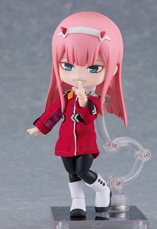 Nendoroid Zero Two from DARLING in the FRANXX wearing a red military-style uniform and black pants
