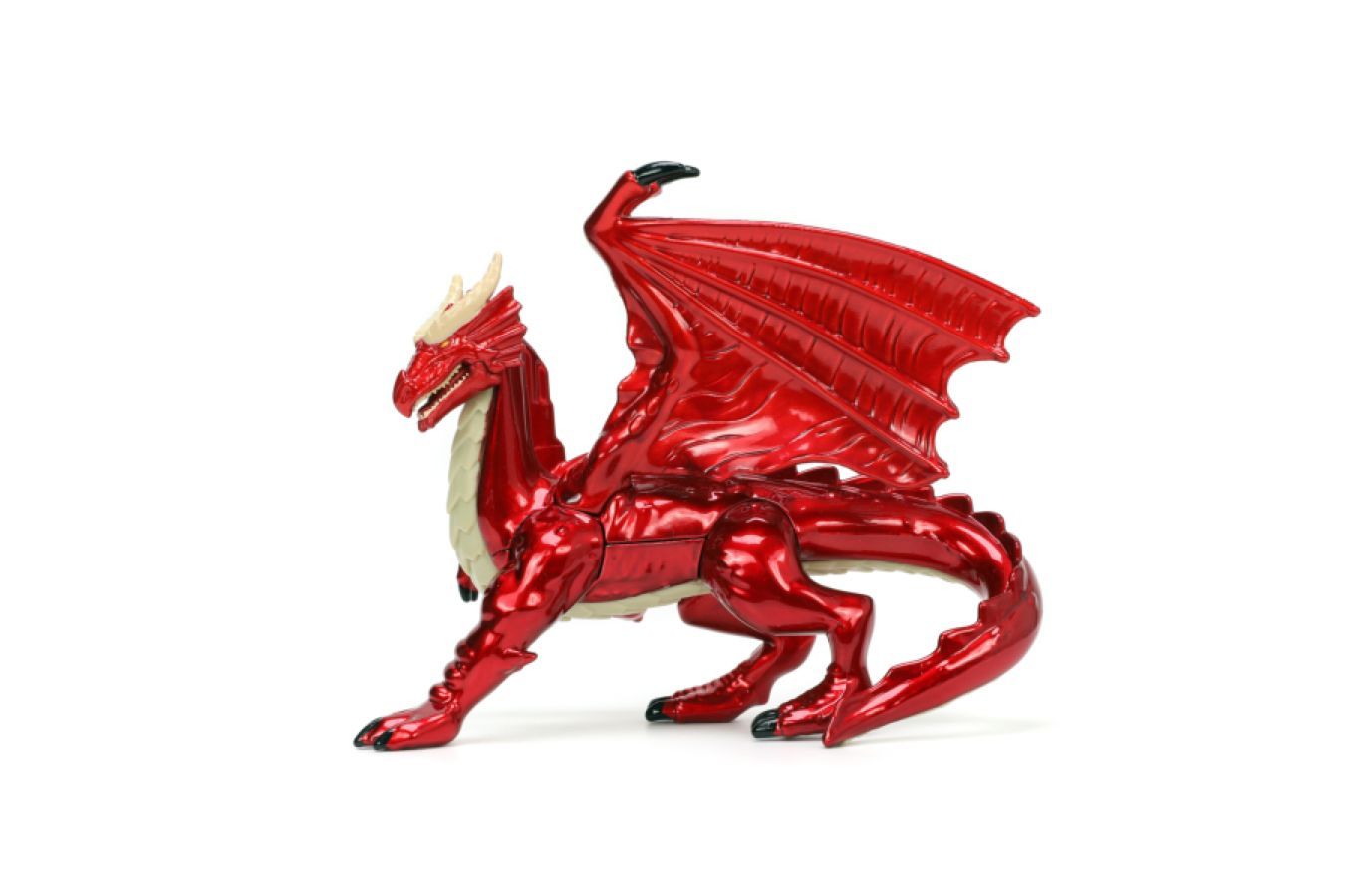 Shiny red metallic dragon toy with large wings and white horns on white background